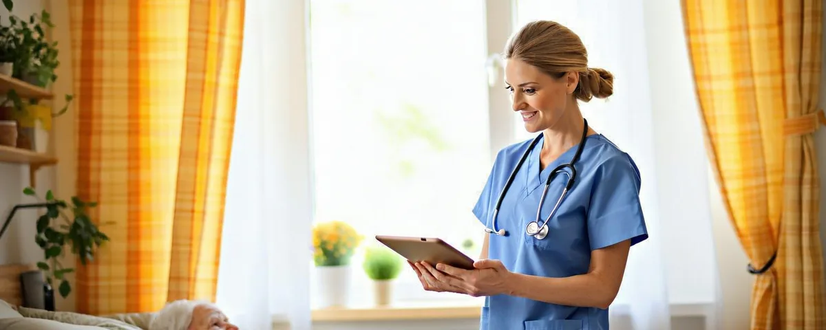 Home health nurse visiting a patient at home, reviewing care notes on a tablet