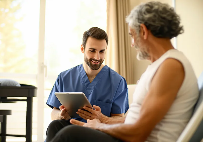 Clinician reviewing patient documentation on a tablet in a rehabilitation care room