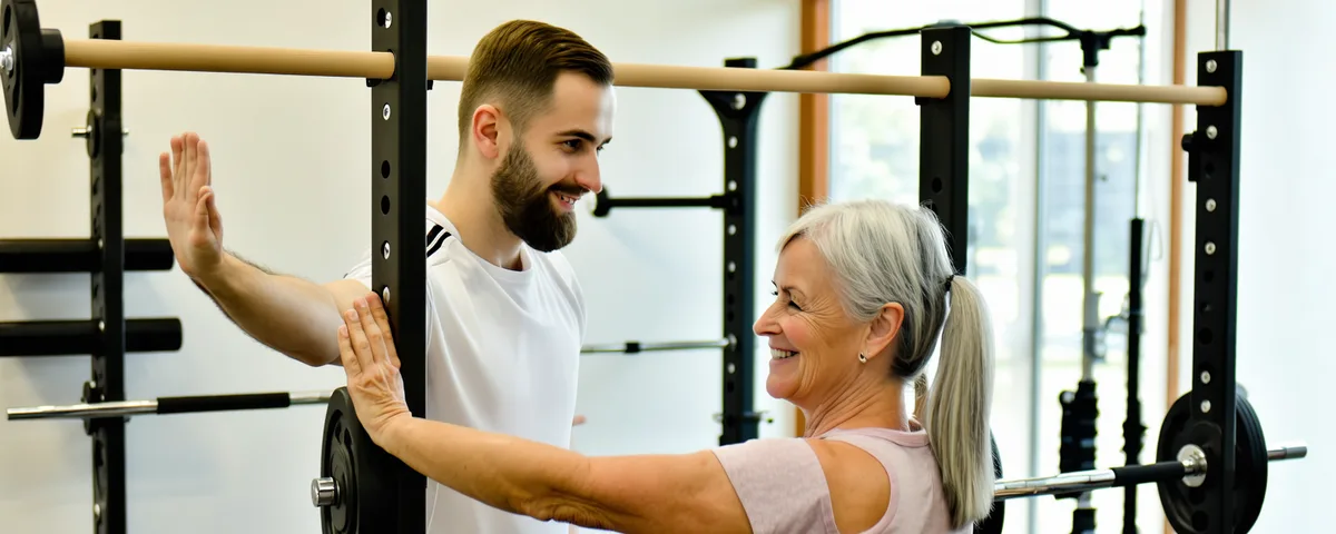 Physical medicine and rehabilitation specialist working with a patient in a rehabilitation gym
